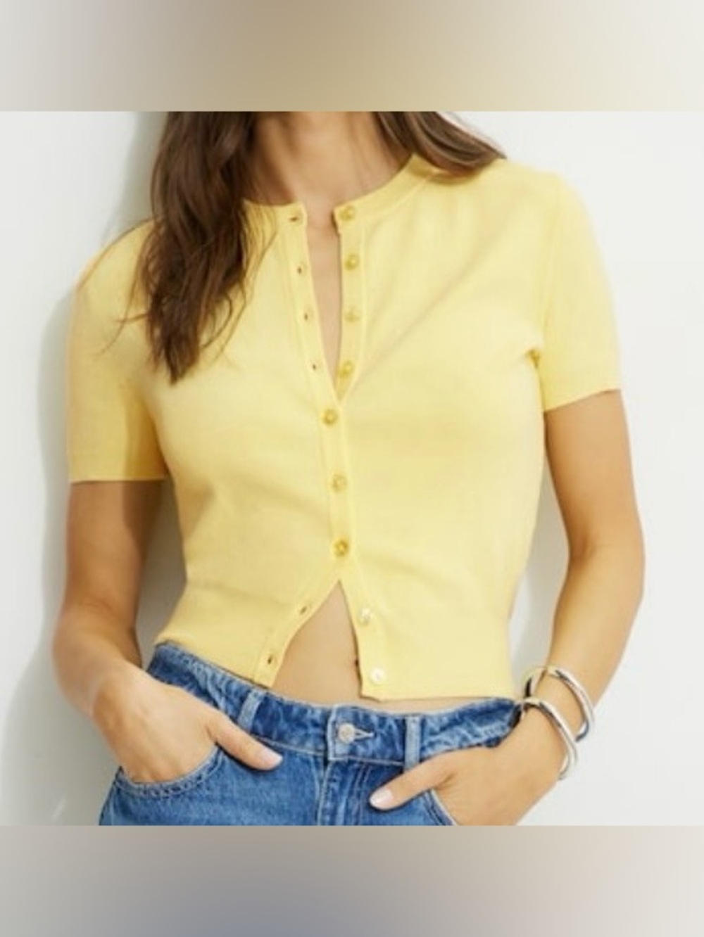 Dynamite Becca Classic Short-Sleeve Button Cardigan - Butter Yellow